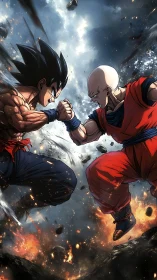 Rival warriors clash midair amid swirling fire and debris.