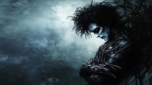 Brooding dark figure in gothic armor against stormy void.