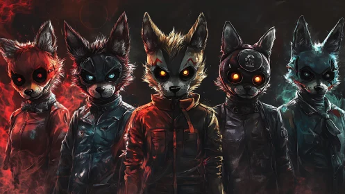Neon cyberpunk fox squad with glowing eyes in armor.