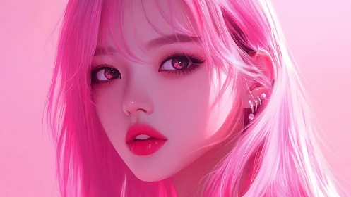 Pink haired digital portrait shows closeup stylized face