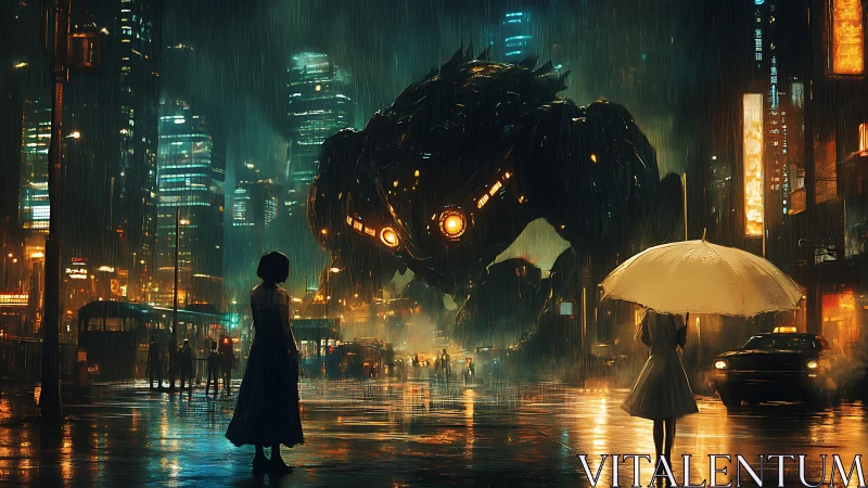 Giant robotic creature confronts pedestrians in neon rain