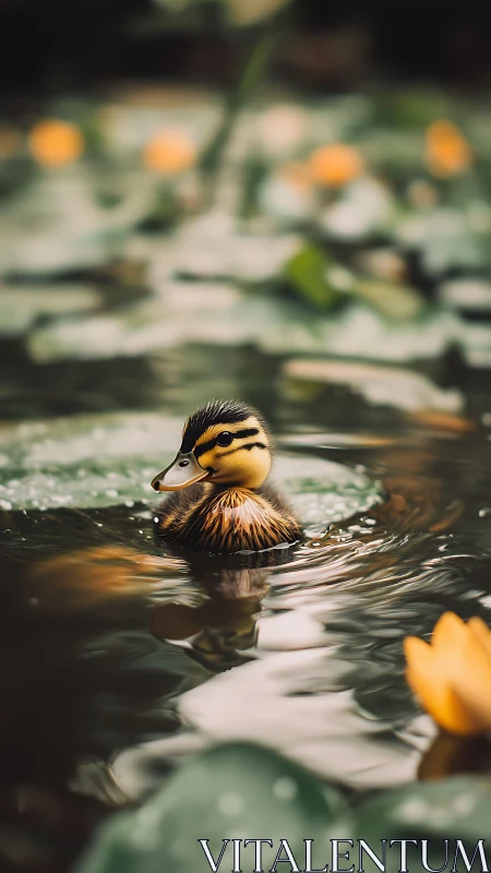 Duckling glides across lily pond in warm evening light.