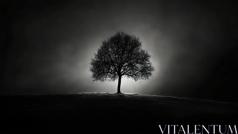 Solitary backlit tree forms high-contrast nocturnal silhouette