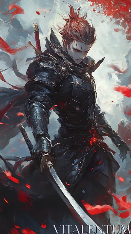 Crimson storm swordsman drifting through painted battlefields.