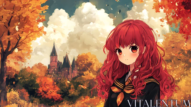Autumn redhead student before castle under painterly sky.