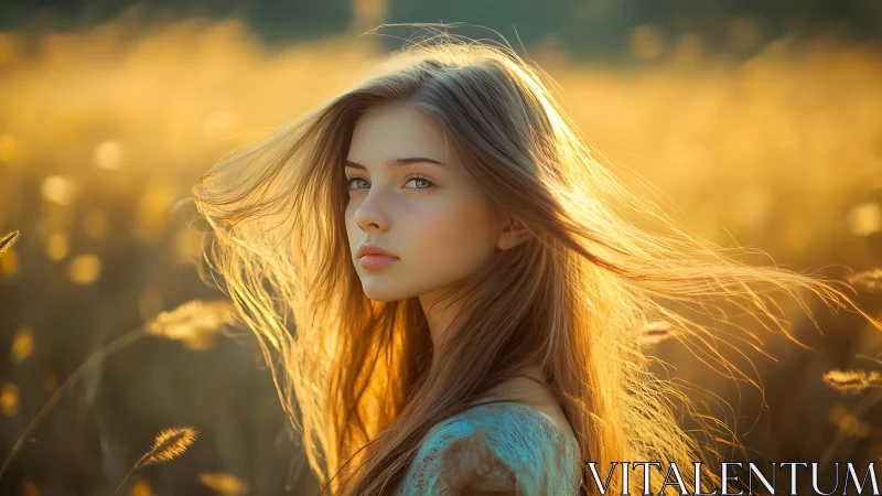 Young woman in sunlit field with long flowing hair portrait.