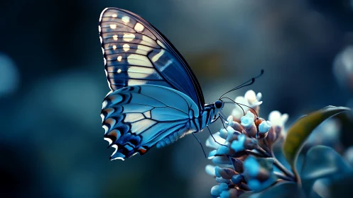 Gentle blue butterfly pauses softly on glowing garden blooms