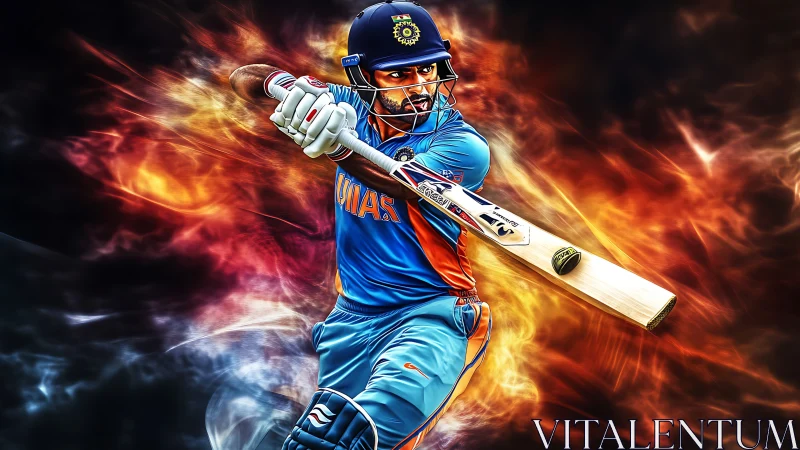Cricket batter in blue uniform with stylized energy backdrop.