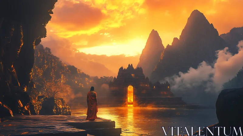 Solitary monk beholds a glowing temple at fiery sunrise.