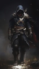 Hooded ranger in layered leather armor walks through smoky dusk
