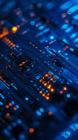 Glowing blue circuit board pulses with warm orange light.