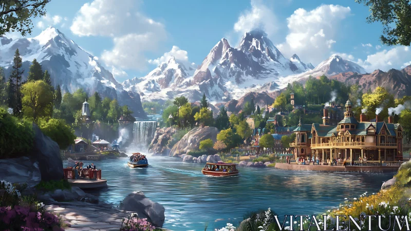 Riverside alpine resort town rendered in luminous digital detail
