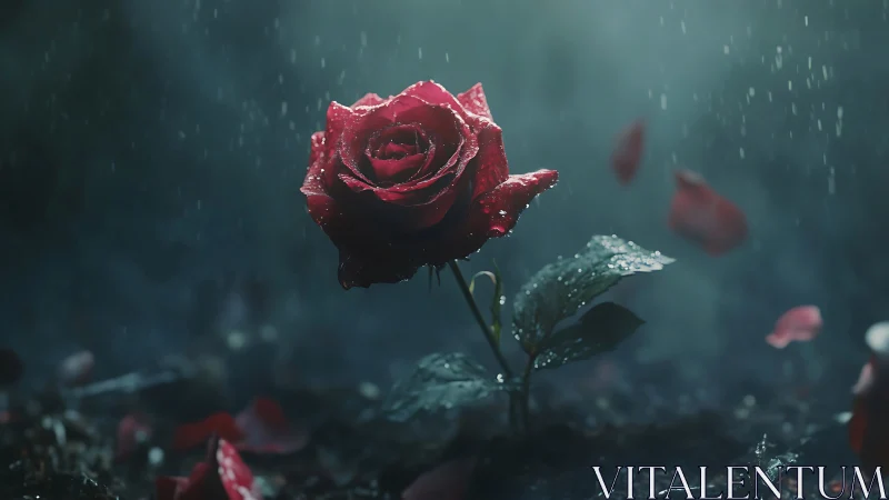 Crimson Rose Dances Through Rain Drops