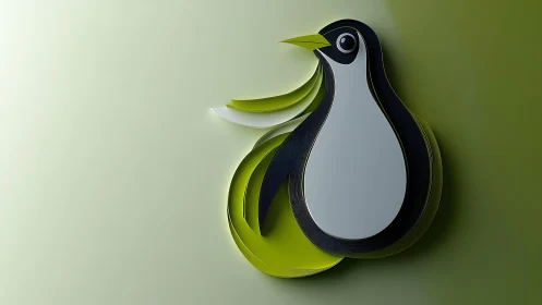 Modern paper-cut penguin illustration with green and black tones.