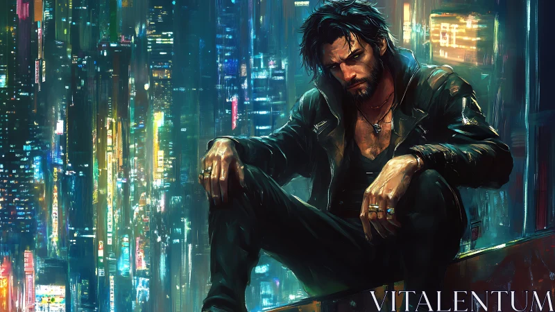 Man in leather jacket on ledge in dense neon cityscape.