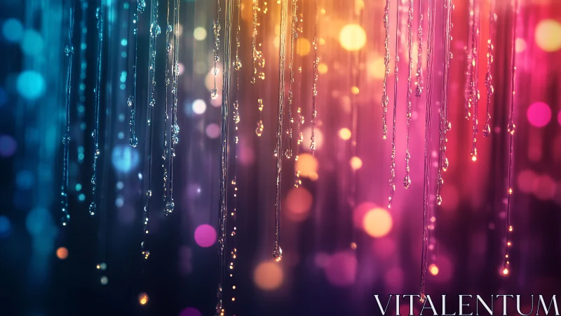 Neon raindrop strings suspended in a dreamy bokeh curtain.