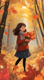 Girl walking through autumn forest holding maple bouquet.