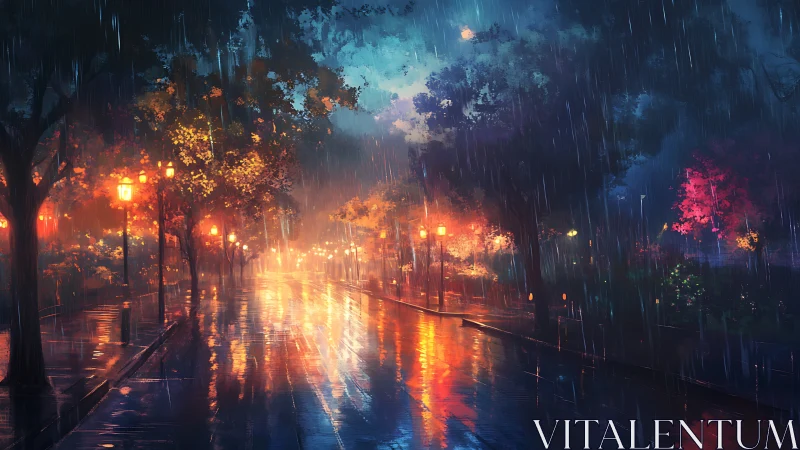 Rainy city street reflects colorful park lights at night