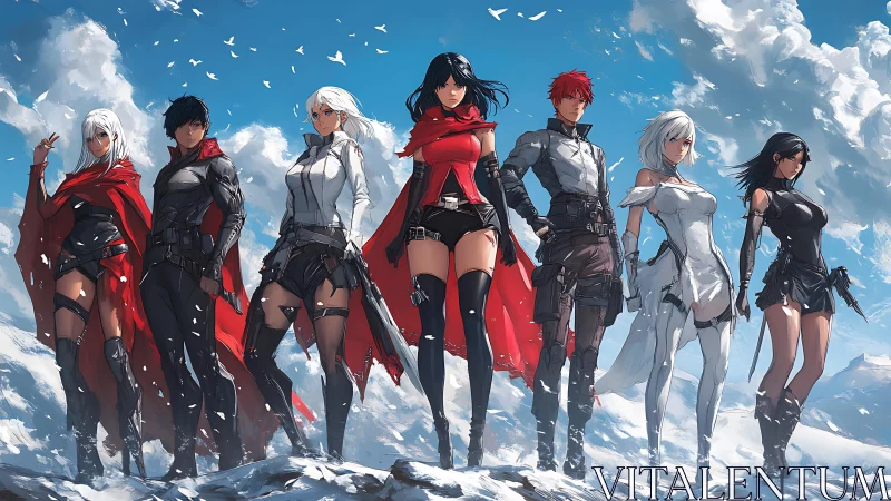 Dynamic anime squad lineup on panoramic snowy ridge.