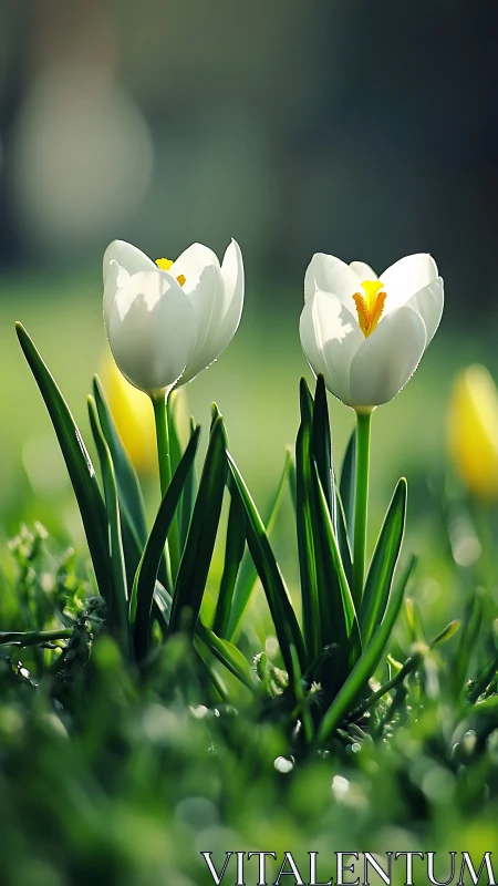 Two White Tulips with Yellow Centers in Spring Grass