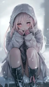 Snowbound pink-eyed daydreamer curled in winter hush.