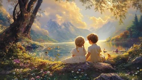 Children share a tranquil lakeside moment beneath soft sunlight.
