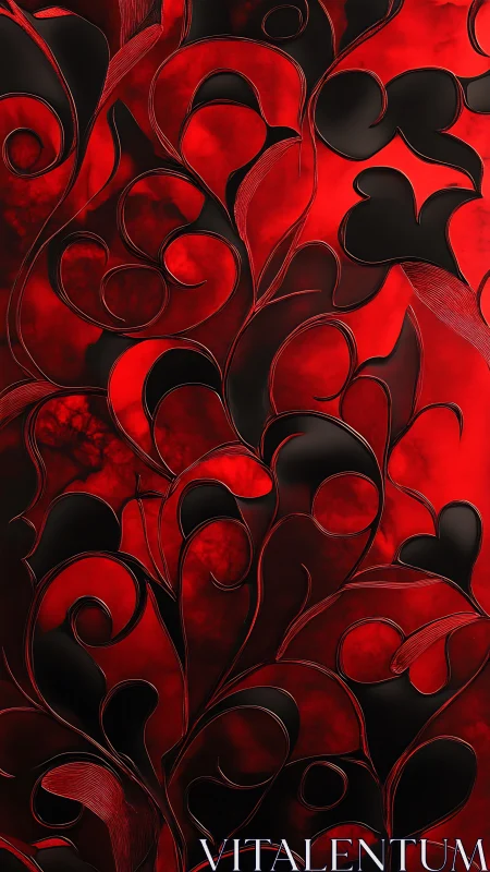 Red and black abstract floral swirl pattern background design.