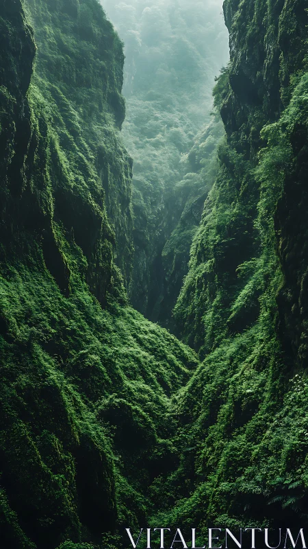 Dense green gorge with steep moss covered rock walls.