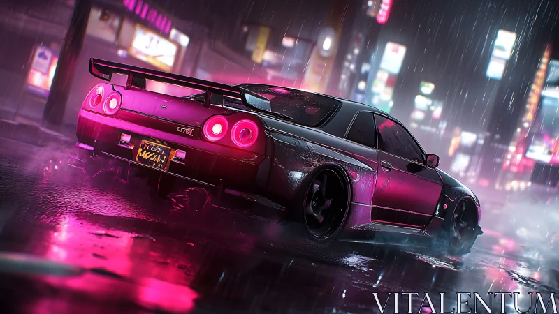 Cyberpunk drift coupe in neon-soaked rainy streetscape at night.