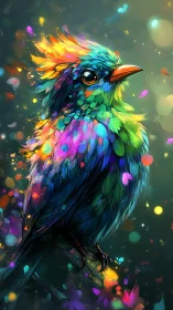 Radiant multicolored songbird glows amid luminous bokeh haze.
