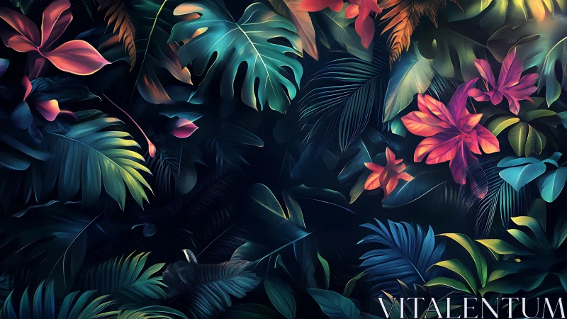 Chromatic tropical foliage array under simulated nocturnal lighting.