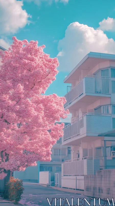 Pink cherry tree softens a pastel-toned urban apartment block