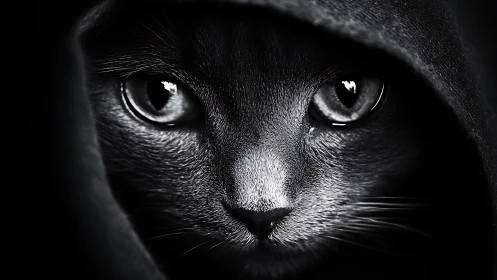 High-Contrast Black Feline Portrait: Luminous Eyes in Monochromatic Study.