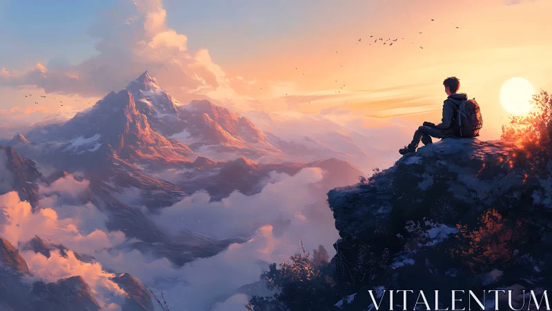Solitary dreamer greeting sunrise above painted peaks.