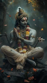 Blue-skinned deity figure sits cross-legged in forest meditation.