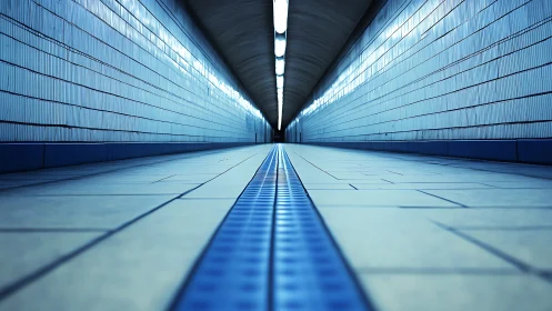 Low-angle view of tiled underground pedestrian tunnel.