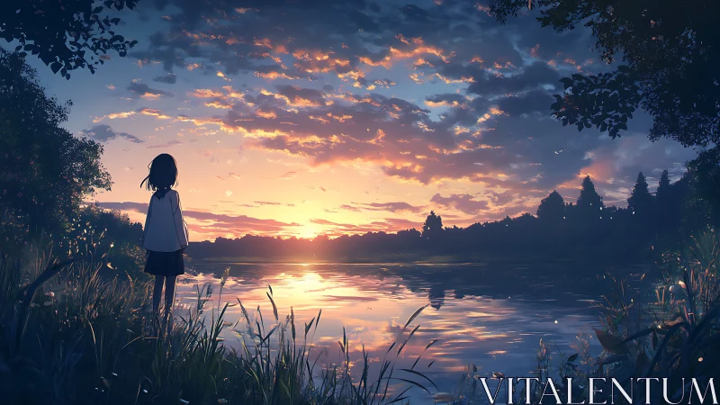 Silhouetted figure by lakeside under diffuse sunset sky.