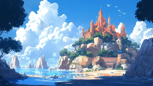 Coastal Palace Fortress Amid Chromatic Topography and Maritime Landscape.