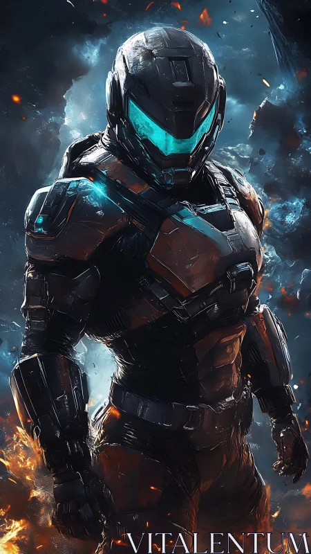 Armored sci fi soldier amid burning cosmic battlefield.