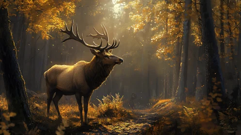 Stag stands in sunlit deciduous forest with autumn foliage