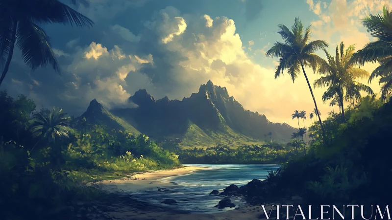Tropical Island Landscape with Volcanic Peaks and Palm Forest.