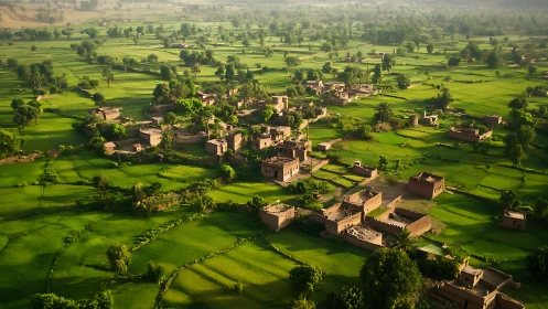 Lush rural village lies within expansive patchwork fields.