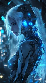 Neon-haired cyborg pauses mid-glitch between girl and ghost