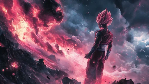 Digital painting of lone warrior against erupting cosmic storm.