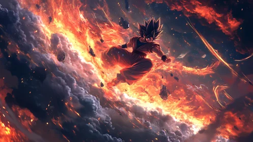 Dynamic anime warrior suspended in incendiary cloud vortex field