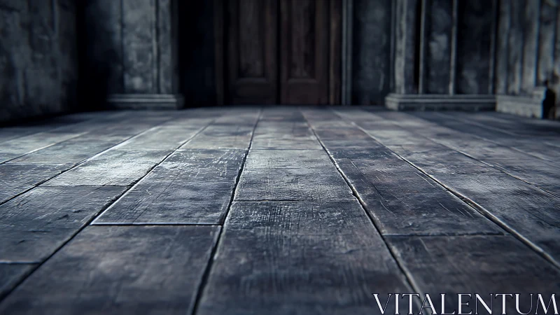 Weathered wooden floor in dim, abandoned corridor interior.