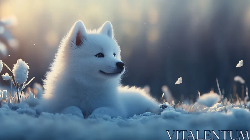 Snowlit white puppy rendered with soft-focus cinematic depth