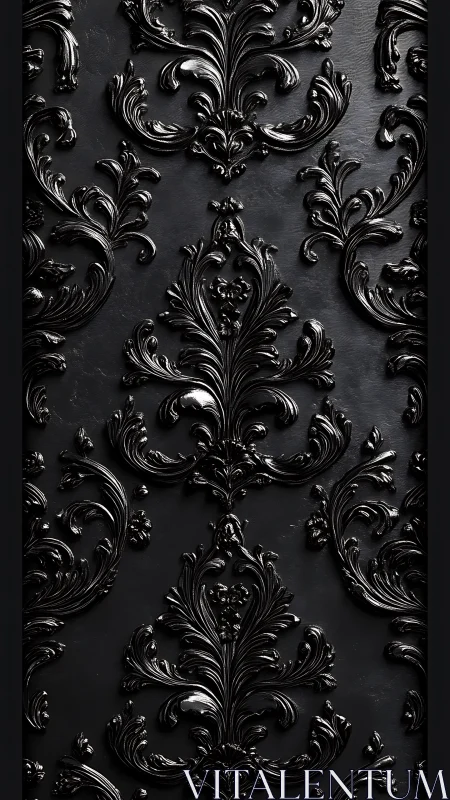 Black baroque ornamental relief pattern on matte wall surface.