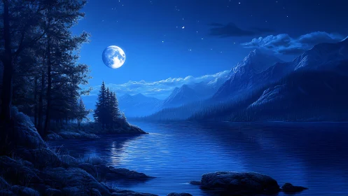 Moonlit mountain lake glows softly under a deep blue sky