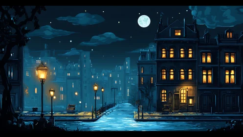 Nocturnal riverside street glows under moonlit urban skyline